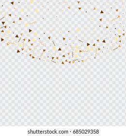Vector golden confetti on transparent background. Falling tinsel and confetti from minimalistic geometrical stars and ribbons. Flat glitter. Abstract festive decoration and ribbons.