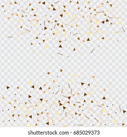 Vector golden confetti on transparent background. Falling tinsel and confetti from minimalistic geometrical stars and ribbons. Flat glitter. Abstract festive decoration and ribbons.