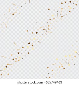 Vector golden confetti on transparent background. Falling tinsel and confetti from minimalistic geometrical stars and ribbons. Flat glitter. Abstract festive decoration and ribbons.