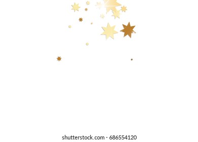 Vector golden confetti on transparent background. Falling tinsel and confetti from minimalistic geometrical stars and ribbons. Flat glitter. Abstract festive decoration and ribbons.