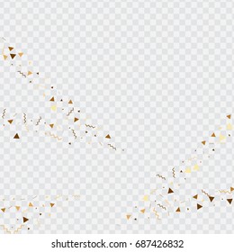 Vector golden confetti on transparent background. Falling tinsel and confetti from minimalistic geometrical stars and ribbons. Flat glitter. Abstract festive decoration and ribbons.