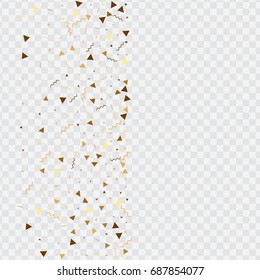 Vector golden confetti on transparent background. Falling tinsel and confetti from minimalistic geometrical triangles and ribbons. Flat glitter. Abstract festive decoration and ribbons.