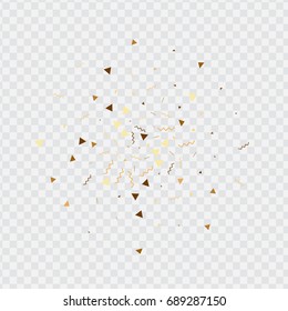 Vector golden confetti on transparent background. Falling tinsel and confetti from minimalistic geometrical stars and ribbons. Flat glitter. Abstract festive decoration and ribbons.
