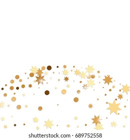 Vector golden confetti on transparent background. Falling tinsel and confetti from minimalistic geometrical stars and ribbons. Flat glitter. Abstract festive decoration and ribbons.