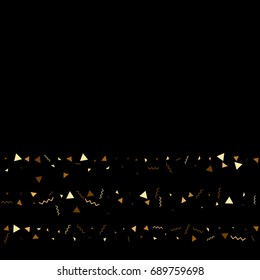 Vector golden confetti on transparent background. Falling tinsel and confetti from minimalistic geometrical stars and ribbons. Flat glitter. Abstract festive decoration and ribbons.
