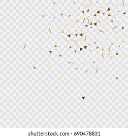 Vector golden confetti on transparent background. Falling tinsel and confetti from minimalistic geometrical confetti and ribbons. Flat falling glitter. Abstract triangles and ribbons on label.