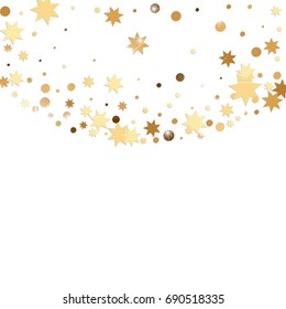 Vector golden confetti on transparent background. Falling tinsel and confetti from minimalistic geometrical stars and ribbons. Flat glitter. Abstract festive decoration and ribbons.