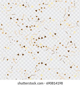 Vector golden confetti on transparent background. Falling tinsel and confetti from minimalistic geometrical stars and ribbons. Flat glitter. Abstract festive decoration and ribbons.