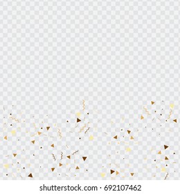 Vector golden confetti on transparent background. Falling tinsel and confetti from minimalistic geometrical stars and ribbons. Flat glitter. Abstract festive decoration and ribbons.
