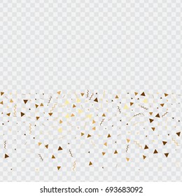 Vector golden confetti on transparent background. Falling tinsel and confetti from minimalistic geometrical stars and ribbons. Flat glitter. Abstract festive decoration and ribbons.