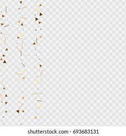 Vector golden confetti on transparent background. Falling tinsel and confetti from minimalistic geometrical stars and ribbons. Flat glitter. Abstract festive decoration and ribbons.