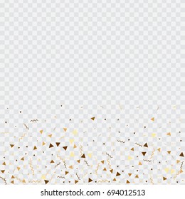 Vector golden confetti on transparent background. Falling tinsel and confetti from minimalistic geometrical stars and ribbons. Flat glitter. Abstract festive decoration and ribbons.