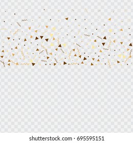 Vector golden confetti on transparent background. Falling tinsel and confetti from minimalistic geometrical stars and ribbons. Flat glitter. Abstract festive decoration and ribbons.