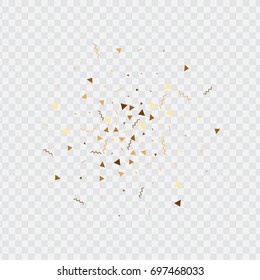 Vector golden confetti on transparent background. Falling tinsel and confetti from minimalistic geometrical stars and ribbons. Flat glitter. Abstract festive decoration and ribbons.