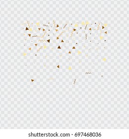 Vector golden confetti on transparent background. Falling tinsel and confetti from minimalistic geometrical stars and ribbons. Flat glitter. Abstract festive decoration and ribbons.