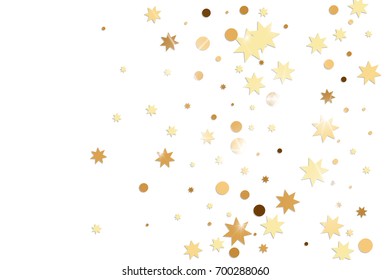 Vector golden confetti on transparent background. Falling tinsel and confetti from minimalistic geometrical stars and ribbons. Flat glitter. Abstract festive decoration and ribbons.
