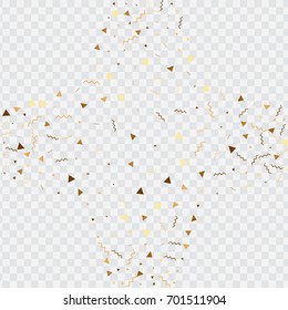 Vector golden confetti on transparent background. Falling tinsel and confetti from minimalistic geometrical stars and ribbons. Flat glitter. Abstract festive decoration and ribbons.