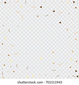 Vector golden confetti on transparent background. Falling tinsel and confetti from minimalistic geometrical stars and ribbons. Flat glitter. Abstract festive decoration and ribbons.