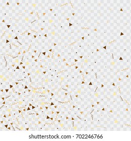 Vector golden confetti on transparent background. Falling tinsel and confetti from minimalistic geometrical stars and ribbons. Flat glitter. Abstract festive decoration and ribbons.