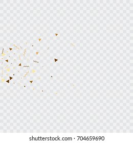 Vector golden confetti on transparent background. Falling tinsel and confetti from minimalistic geometrical confetti and ribbons. Flat falling glitter. Abstract triangles and ribbons on label.