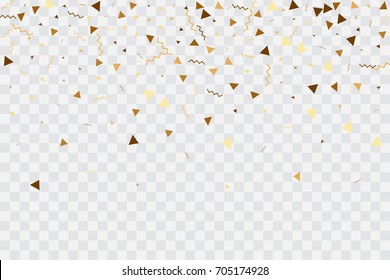 Vector golden confetti on transparent background. Falling tinsel and confetti from minimalistic geometrical confetti and ribbons. Flat falling glitter. Abstract triangles and ribbons on label.