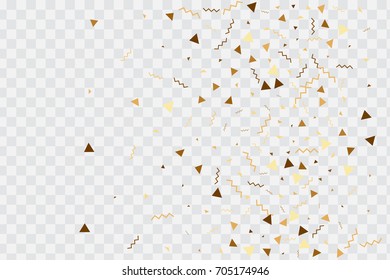 Vector golden confetti on transparent background. Falling tinsel and confetti from minimalistic geometrical confetti and ribbons. Flat falling glitter. Abstract triangles and ribbons on label.