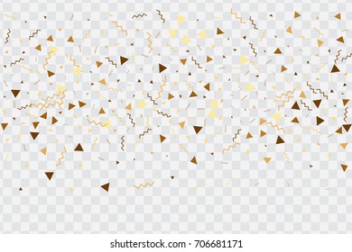 Vector golden confetti on transparent background. Falling tinsel and confetti from minimalistic geometrical confetti and ribbons. Flat falling glitter. Abstract triangles and ribbons on label.