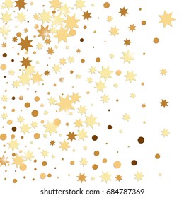 Vector golden confetti on white background. Falling tinsel and confetti from minimalistic geometrical stars and ribbons. Flat glitter. Abstract festive decoration and ribbons.
