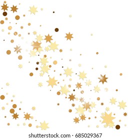Vector golden confetti on white background. Falling tinsel and confetti from minimalistic geometrical stars and ribbons. Flat glitter. Abstract festive decoration and ribbons.