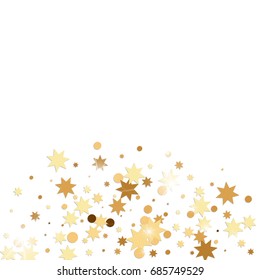 Vector golden confetti on white background. Falling tinsel and confetti from minimalistic geometrical stars and ribbons. Flat glitter. Abstract festive decoration and ribbons.
