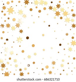 Vector golden confetti on white background. Falling tinsel and confetti from minimalistic geometrical stars and ribbons. Flat glitter. Abstract festive decoration and ribbons.