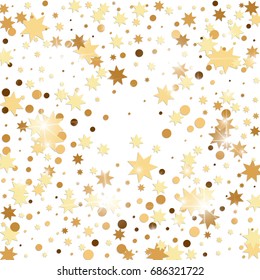 Vector golden confetti on white background. Falling tinsel and confetti from minimalistic geometrical stars and ribbons. Flat glitter. Abstract festive decoration and ribbons.
