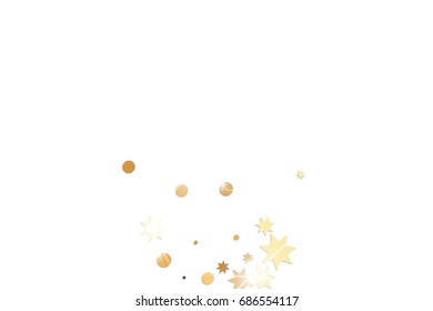Vector golden confetti on white background. Falling tinsel and confetti from minimalistic geometrical stars and ribbons. Flat glitter. Abstract festive decoration and ribbons.