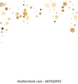 Confeti dorado vectorial sobre fondo blanco. Tinta que cae y confeti de estrellas y cintas geométricas minimalistas. Deslumbrante plano. Decoración festiva abstracta y cintas.