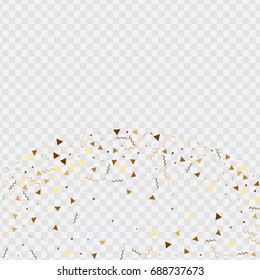 Vector golden confetti on white background. Falling tinsel and confetti from minimalistic geometrical stars and ribbons. Flat glitter. Abstract festive decoration and ribbons.