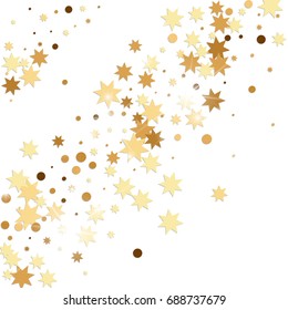 Vector golden confetti on white background. Falling tinsel and confetti from minimalistic geometrical stars and ribbons. Flat glitter. Abstract festive decoration and ribbons.