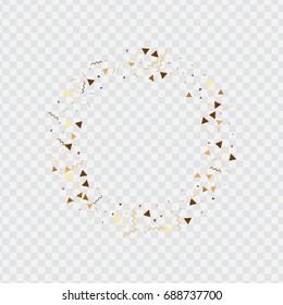 Vector golden confetti on white background. Falling tinsel and confetti from minimalistic geometrical stars and ribbons. Flat glitter. Abstract festive decoration and ribbons.