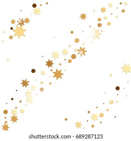 Vector golden confetti on white background. Falling tinsel and confetti from minimalistic geometrical stars and ribbons. Flat glitter. Abstract festive decoration and ribbons.