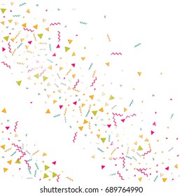 Vector golden confetti on white  background. Falling tinsel and confetti from minimalistic geometrical stars and ribbons. Flat glitter. Abstract festive decoration and ribbons.