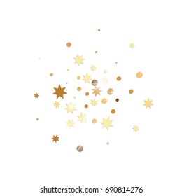 Vector golden confetti on white background. Falling tinsel and confetti from minimalistic geometrical stars and ribbons. Flat glitter. Abstract festive decoration and ribbons.