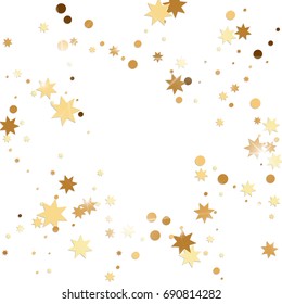 Vector golden confetti on white background. Falling tinsel and confetti from minimalistic geometrical stars and ribbons. Flat glitter. Abstract festive decoration and ribbons.