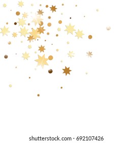 Vector golden confetti on white background. Falling tinsel and confetti from minimalistic geometrical stars and ribbons. Flat glitter. Abstract festive decoration and ribbons.