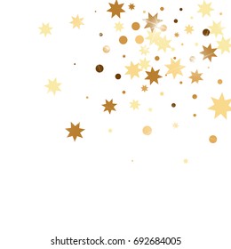 Vector golden confetti on white background. Falling tinsel and confetti from minimalistic geometrical stars and ribbons. Flat glitter. Abstract festive decoration and ribbons.