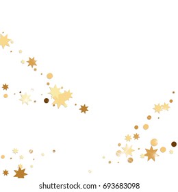 Vector golden confetti on white background. Falling tinsel and confetti from minimalistic geometrical stars and ribbons. Flat glitter. Abstract festive decoration and ribbons.