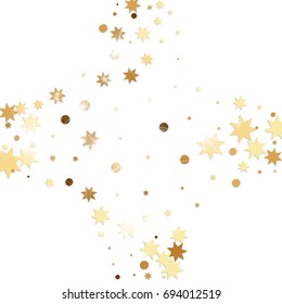 Vector golden confetti on white background. Falling tinsel and confetti from minimalistic geometrical stars and ribbons. Flat glitter. Abstract festive decoration and ribbons.