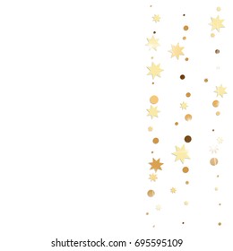 Vector golden confetti on white background. Falling tinsel and confetti from minimalistic geometrical stars and ribbons. Flat glitter. Abstract festive decoration and ribbons.