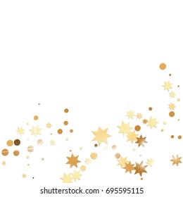 Vector golden confetti on white background. Falling tinsel and confetti from minimalistic geometrical stars and ribbons. Flat glitter. Abstract festive decoration and ribbons.