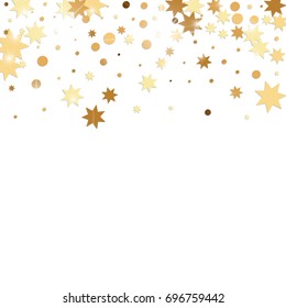 Vector golden confetti on white background. Falling tinsel and confetti from minimalistic geometrical stars and ribbons. Flat glitter. Abstract festive decoration and ribbons.