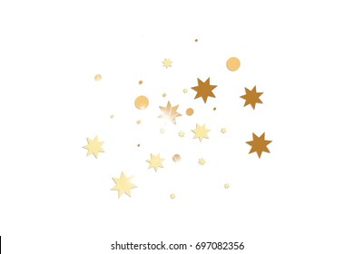 Vector golden confetti on white background. Falling tinsel and confetti from minimalistic geometrical stars and ribbons. Flat glitter. Abstract festive decoration and ribbons.