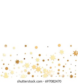 Vector golden confetti on white background. Falling tinsel and confetti from minimalistic geometrical stars and ribbons. Flat glitter. Abstract festive decoration and ribbons.